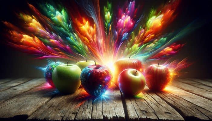 Healthy Snack Ideas for Energy: Assorted apples on a rustic table, emitting colorful light, symbolising quick energy.