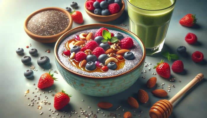 A colourful bowl of chia pudding with berries, nuts, honey, and a green smoothie, showcasing energy benefits.