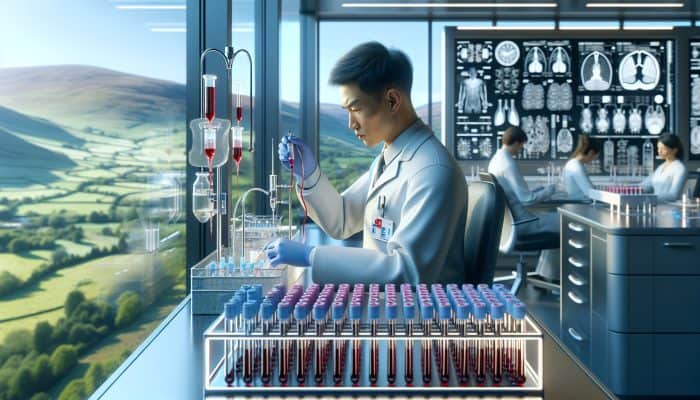 Medical technician drawing blood in a modern Falkirk lab for liver tests, surrounded by equipment and a view of green hills.