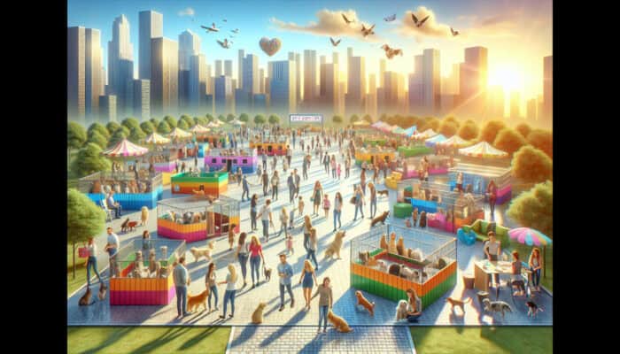 Pet Adoption Fair Organisation: A vibrant pet adoption fair with various animals, volunteers, and adopters in a sunny, spacious venue.