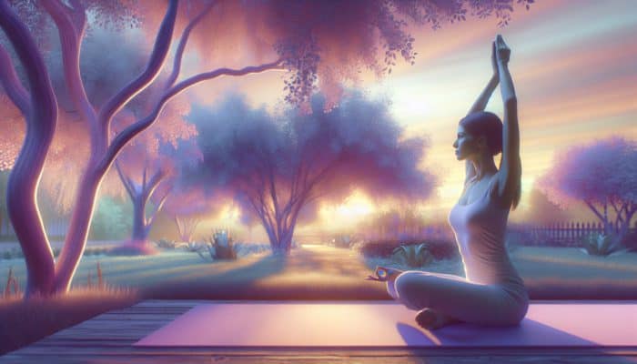 Mastering Menopause Changes Management: A serene woman practising yoga in a tranquil garden at sunset, symbolising peace during menopause.