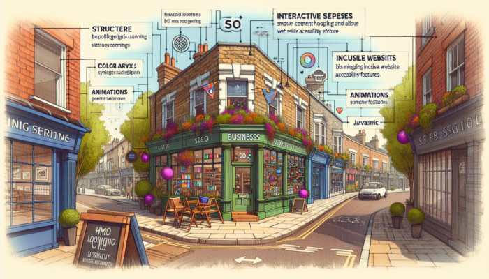Web Development in Kingsbridge for Small Business: Quaint Kingsbridge, UK street scene: small business storefront with holographic HTML code, CSS palettes, and JavaScript animations symbolising web essentials and accessibility.
