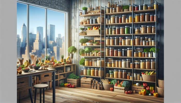 Urban Food Stockpiling: Urban apartment kitchen with organised shelves of canned goods, dried grains, and fresh produce, rotated for freshness against a city skyline.