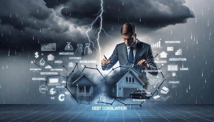 Financial expert analyzing debt consolidation risks chart, secured assets and stormy sky background.