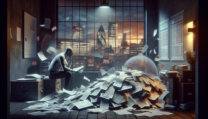 Debt Consolidation Loan Challenges: UK Guide | DCL Concerned individual in the UK surrounded by financial documents, facing debt consolidation loan challenges, city skyline background.