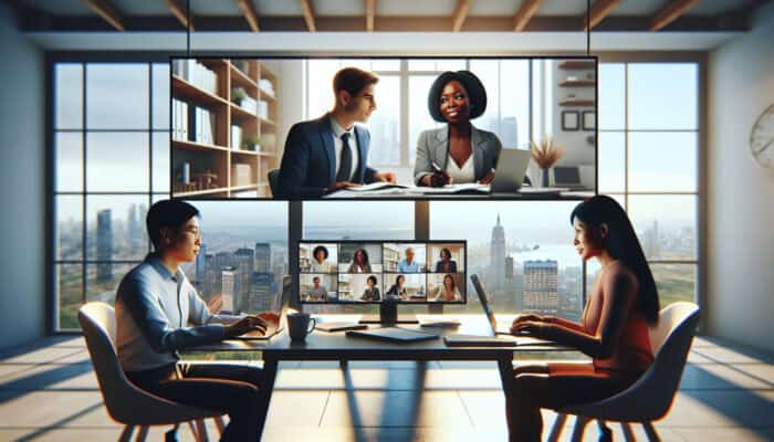 Diverse remote professionals in a virtual meeting: Black woman in home office, Asian man in city apartment, Hispanic person in rural setting, connected via screens.