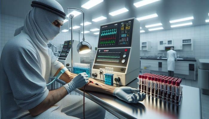 Close-up of a medical professional drawing blood for a Vitamin D test in a sterile lab with labeled tubes and high-tech analyzers.
