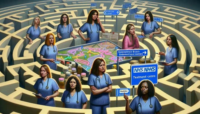 Diverse UK women navigating NHS maze, showing varied access to endometriosis treatment centers.