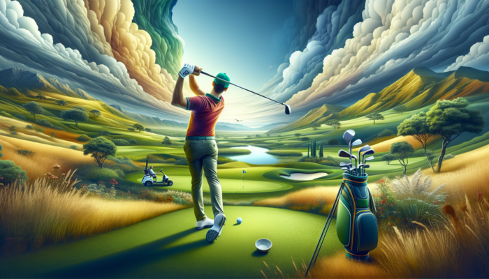 A South African golfer swinging a club from the Strata Men's Complete Golf Set on a lush green course.