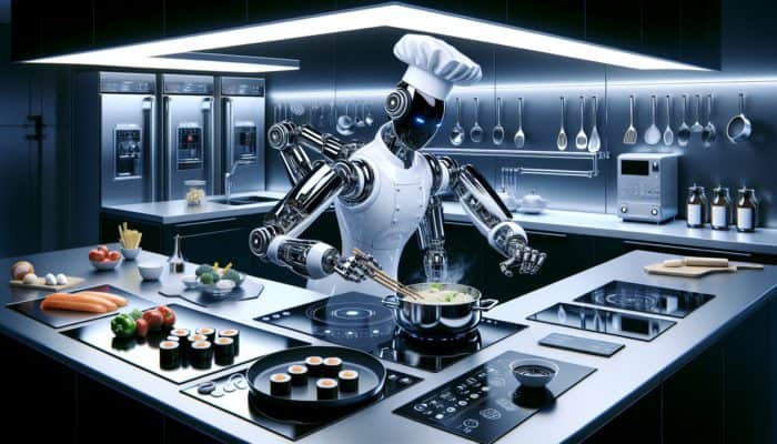 A futuristic robotic chef in a modern kitchen measures ingredients, times recipes, and prepares dishes like pasta and sushi.