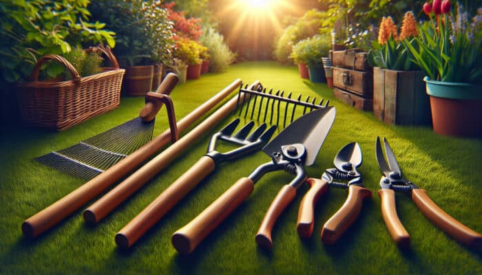 A simple wooden rake, sharp Wilkinson Sword pruners, and sturdy metal trowel on a lush green lawn in a sunny UK backyard.