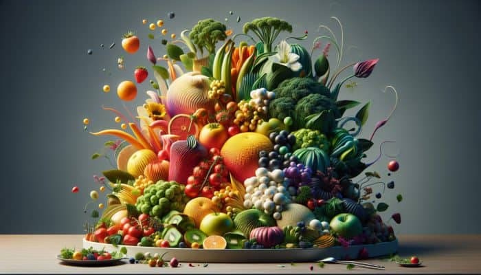 Artfully plated vibrant meal showcasing colorful fruits, vegetables, layers, and garnishes on an elegant platter.