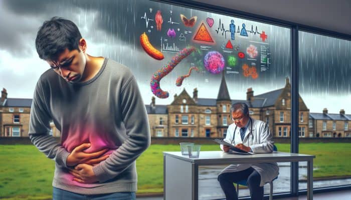 Gluten Intolerance Test in Carlisle: Tired individual in a UK clinic holding their swollen abdomen, as a doctor reviews charts under the cloudy Carlisle skies, representing gluten intolerance.