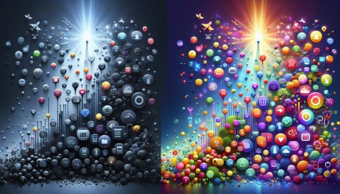 Illustration depicting the impact of SEO: an underperforming product page with low traffic icons contrasted against a vibrant one with rising graphs and sales symbols.