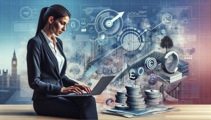 Tips for Maximising Debt Consolidation Savings | DCL Professional in a modern London office comparing debt consolidation loans on a laptop, surrounded by interest rate graphs, pound notes, and financial growth symbols.