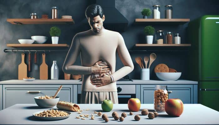 What Is Nut Intolerance vs Allergy?: A diverse individual in a modern UK kitchen clutches their stomach in discomfort from nut intolerance, surrounded by shelled nuts and snacks.