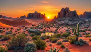 A vivid desert landscape at sunset features orange sand dunes, rocky formations, and green cacti, creating a perfect setting for scenic adventures. Warm hues glow as the sun sets behind jagged mountains, casting dramatic shadows across this serene California desert parks scene.