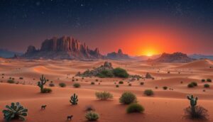 A vivid desert landscape at sunset, featuring red-orange sand dunes, scattered cacti, and two small animals. Rocky mesas rise in the distance under a starry sky—a perfect setting for scenic adventures in California Desert Parks as the sun casts a warm glow.