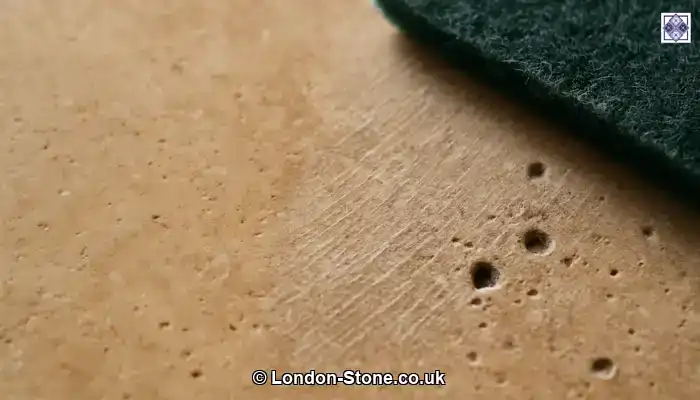 Close-up of travertine showing smooth stone next to a scratched, pitted patch with a green scouring pad nearby