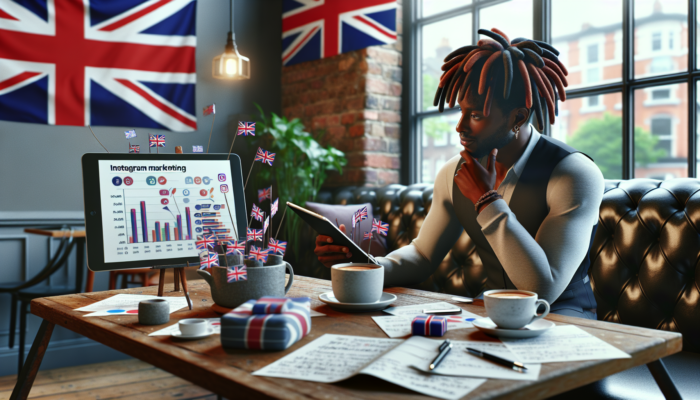 Illustration of a UK small business owner in a London cafe analyzing Instagram marketing graphs on a tablet, surrounded by Union Jack flags and notes.