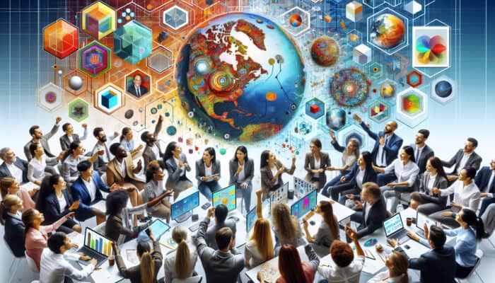 Diverse professionals in a virtual meeting, collaborating via video calls and interactive games to overcome cultural and tech challenges, building team unity.