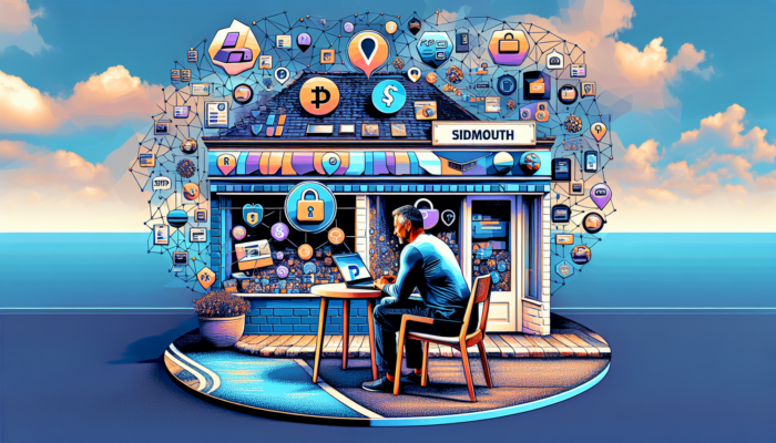 Sidmouth business owner in coastal shop configures Shopify on laptop, surrounded by PayPal, Stripe icons, secure locks, and search graphs for e-commerce success.