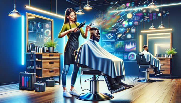 Skilled barber performs quick hair trim on seated client in urban salon, using scissors and clippers under bright lights.