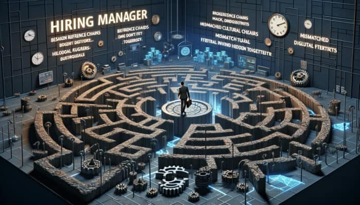 A hiring manager navigates a shadowy labyrinth, avoiding pitfalls like crumbling resumes and digital threats in a high-tech office.