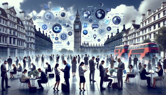 A bustling London street with professionals analysing online marketing data on devices, surrounded by holographic social media icons and SEO graphs near Big Ben under a cloudy sky.