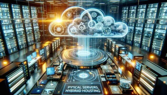 A digital explorer in a high-tech lab unveils hybrid hosting benefits with integrated servers, cloud networks, and glowing data streams symbolizing efficiency, security, and scalability.