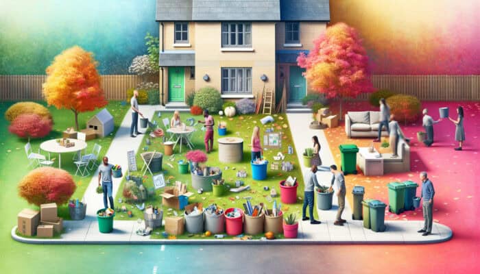 In a vibrant UK spring scene, families sort household items into eco-friendly bins, with autumn leaves scattered nearby.