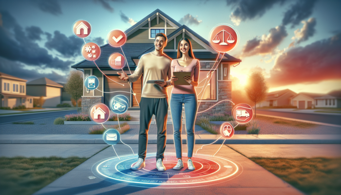 A young couple reviews a homebuying checklist outside a cozy suburban house, surrounded by symbols for budget, location, and inspections under a sunset sky.