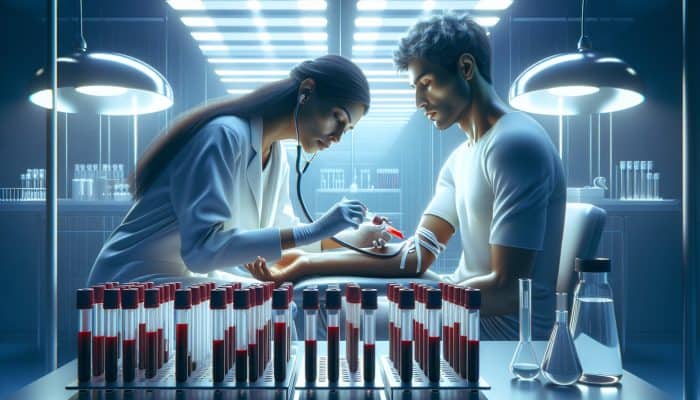 General Health Blood Test in Maidenhead: A healthcare professional draws blood from a patient’s arm into labelled test tubes for health assessments in a bright NHS clinic.