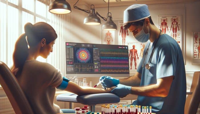 A nurse in blue scrubs draws blood from a patient in a UK NHS clinic, surrounded by health charts, test tubes, and a computer screen.