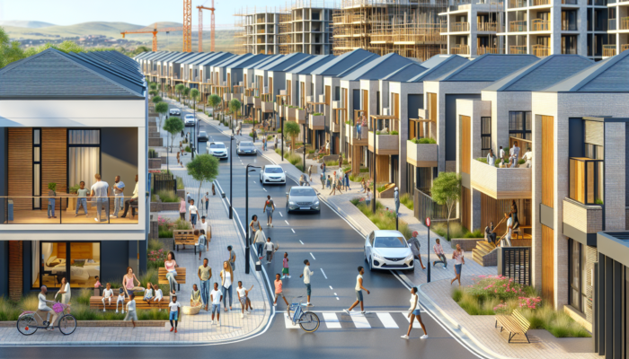 Vibrant Randburg street in Johannesburg with modern mid-level homes, young families and professionals viewing properties, parks, shops, and construction cranes.