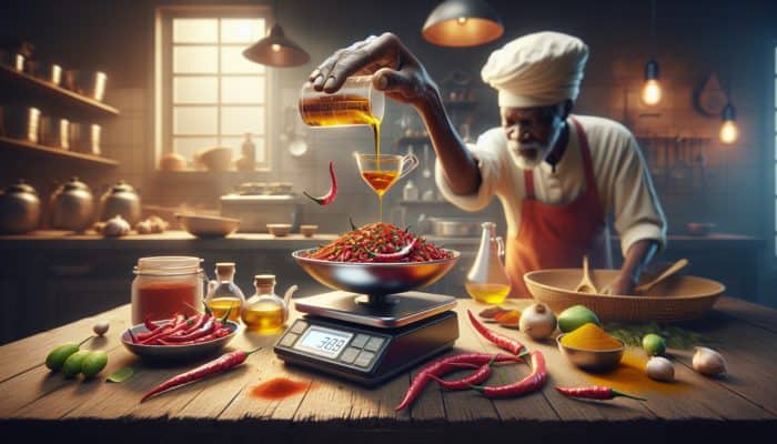 A chef measures vibrant red chilies and turmeric on a digital scale, pours oil into a glass cup for Indian vindaloo under warm lighting.