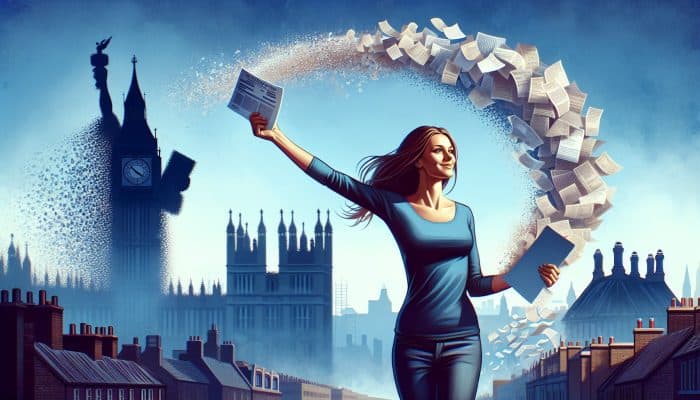 A triumphant UK resident stands before Big Ben, holding a consolidated loan document as bills and debt chains dissolve.