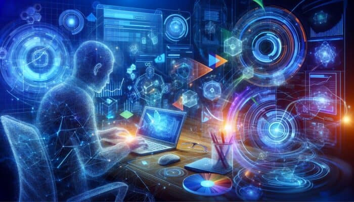 SEO expert examines competitor backlinks with Ahrefs, SEMrush, and Moz on glowing screens, surrounded by holographic charts and graphs in blue lighting.