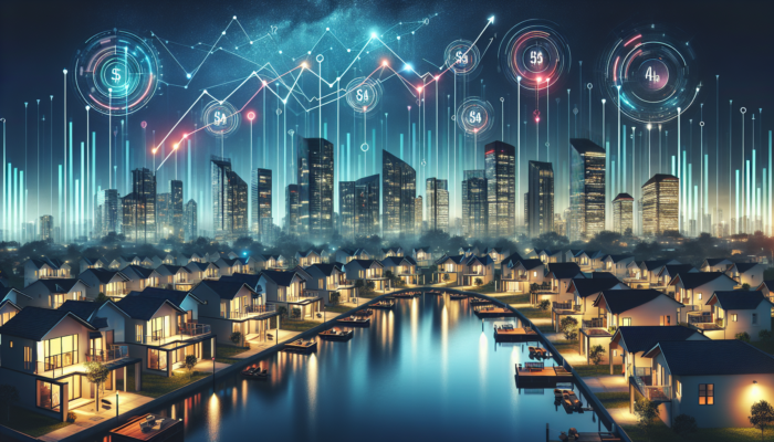 Dusk view of Springs cityscape: modern homes under glowing GDP charts, contrasted by shadowy unemployment signs.
