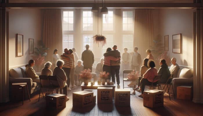 Grieving individuals at Cruse workshop in a warmly lit UK center, sharing hugs and stories amid house clearance boxes and floral decor.