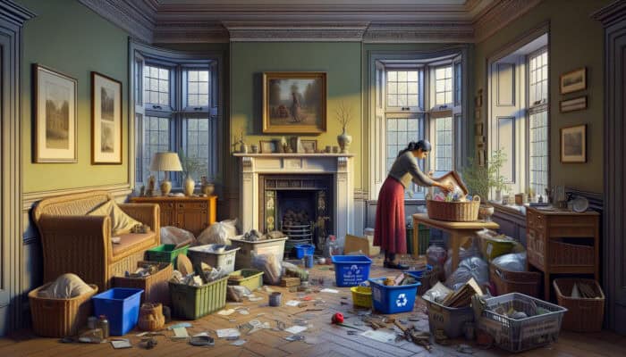 A person in a serene UK home sorts sentimental items into recycling bins and charity boxes, fostering reflection and grief release.