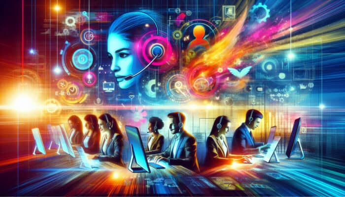 Modern office scene with agents using apps on tablets and computers for efficient workflows, showing real-time analytics and happy customers.