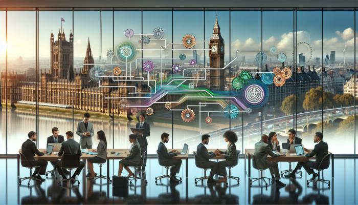 A project manager in a modern London office views Big Ben while reviewing a Gantt chart, as team members discuss communication strategies for project timelines.
