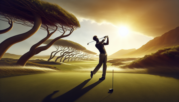 A golfer mid-swing on a windy South African course, using a wide stance and engaged core, with trees bending and golden sunlight on greens.