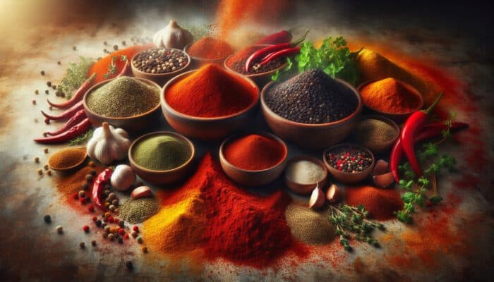 Still life of jambalaya spices: red cayenne and paprika spilling from bowls, green oregano and thyme, black peppercorns, garlic powder on a rustic table with steaming rice.