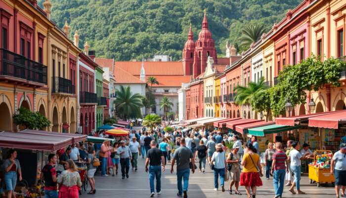 A vibrant colonial plaza in San Miguel de Allende, showcasing colourful architecture, lively street vendors, and diverse people engaging in social activities amidst lush greenery and historical landmarks.