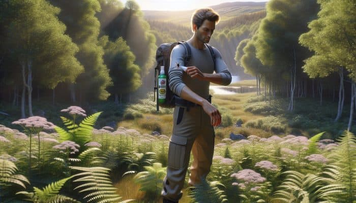 Hiker in New Forest, UK, wearing long sleeves and trousers, applying DEET repellent amid lush woodlands under a sunny sky, demonstrating preventive measures against tick bites.