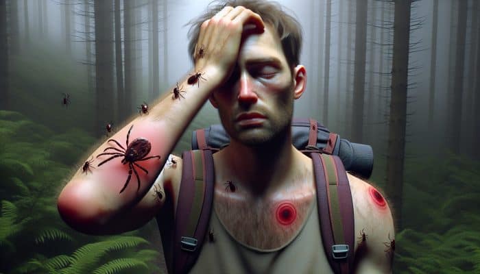 A weary hiker in misty Welsh forests with a red bull's-eye rash on his arm, showing fatigue and feverish glow, a clear sign of Lyme disease.