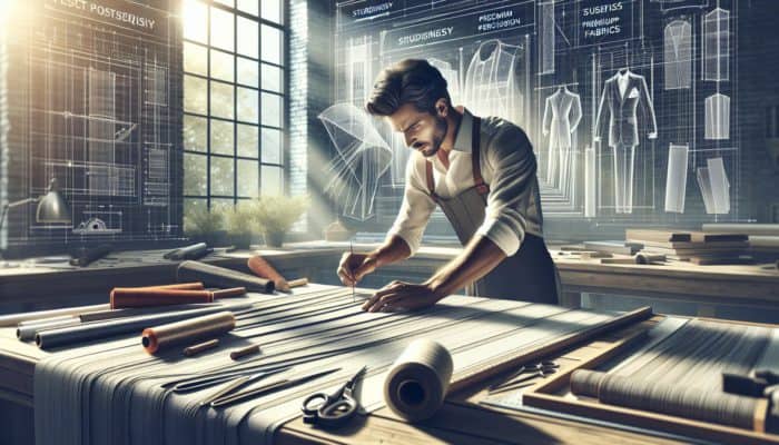 Constructing Power Fringes with Straight Cuts: An artisan in a sunlit workshop selects high-quality fabrics and tools for precise power fringe crafting, surrounded by organised materials.