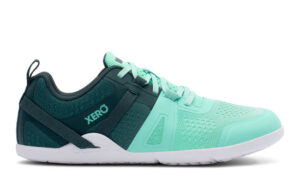 A turquoise and dark teal Prio Women's sneaker by Xero Shoes, featuring top features like a white sole, mesh detailing on the toe and sides, lace-up closure, a pull tab at the heel, and 'XERO' printed on the side.